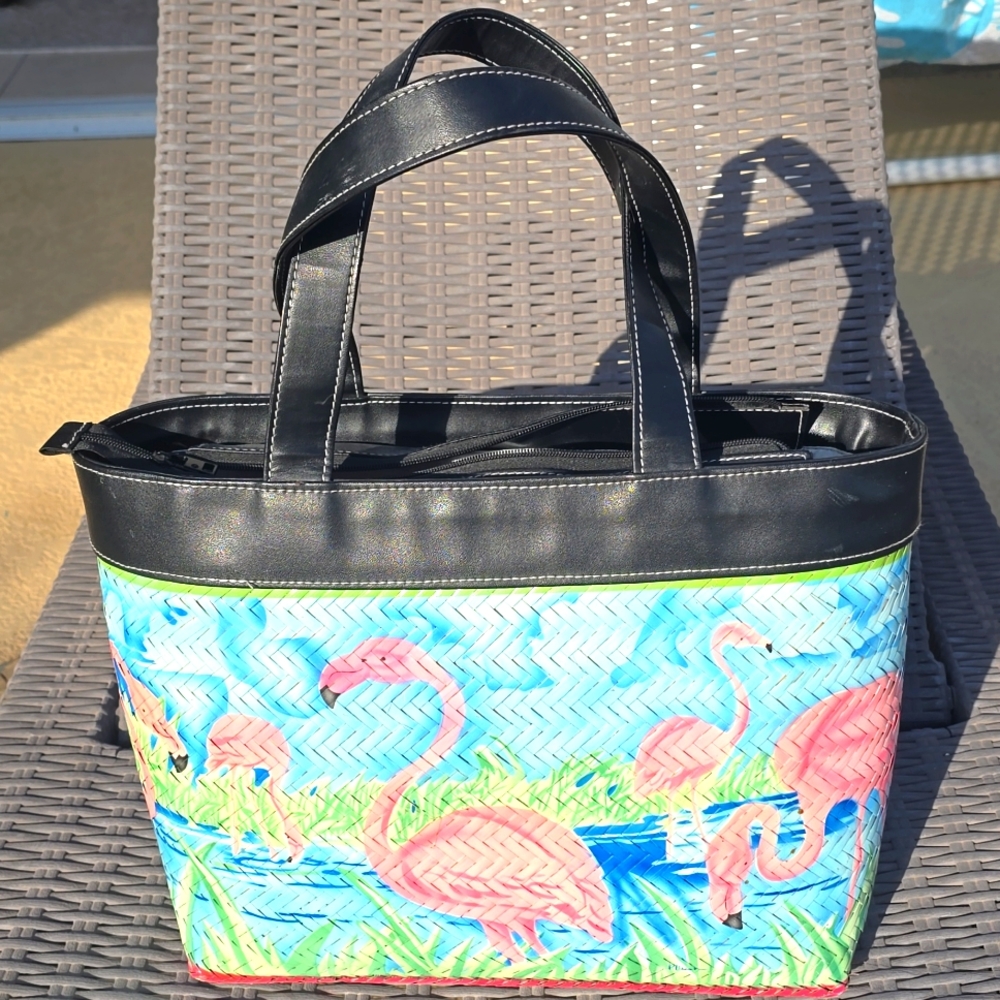 Hand Painted Flamingo Wicker Purse Artist: Paul Brent for Sun & Sand